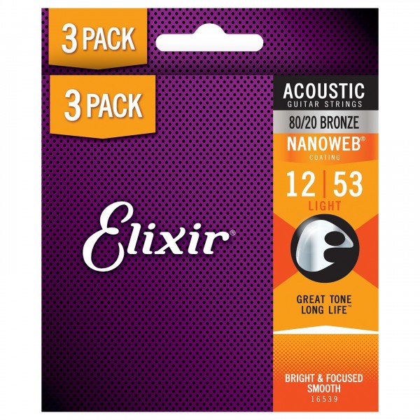 Elixir 80/20 Nanoweb Acoustic Strings 3 Pack, 12-53