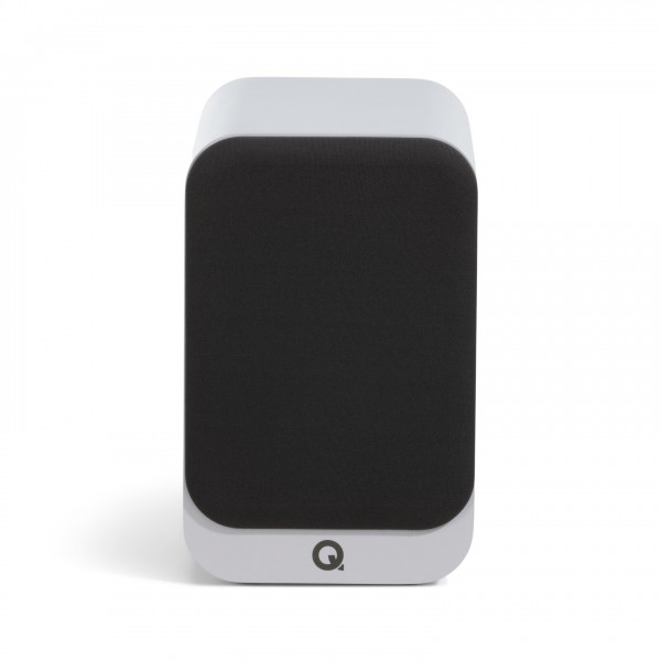 Q Acoustics 3030c Bookshelf Speaker, Satin White front with grille attached