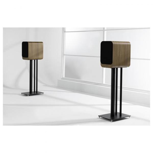Q Acoustics 3030c Bookshelf Speakers (Pair), Pin Oak Lifestyle Image with Grille Attached