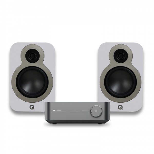 WiiM Amp, Space Grey & Q Acoustics 3020c Bookshelf Speakers, White Hi-Fi Bundle Front View