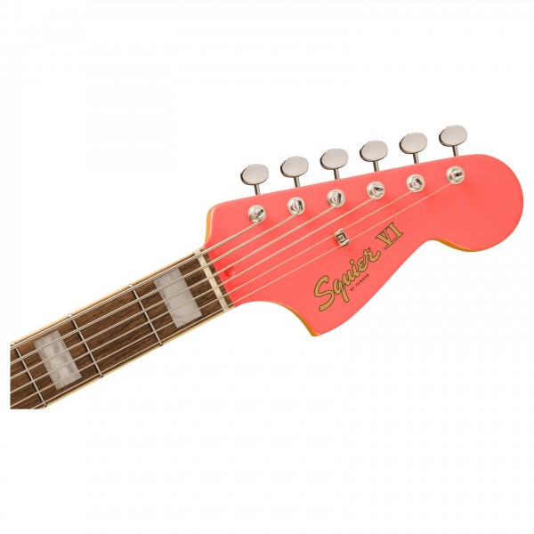 Squier FSR Classic Vibe Bass VI, Matching Headstock, Tahitian Coral - Headstock, Front
