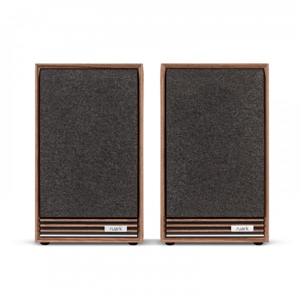 Ruark Sabre-R Bookshelf Speakers (Pair), Fused Walnut - Front with grille attached
