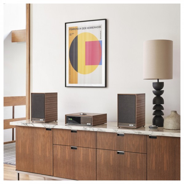 Ruark Sabre-R Bookshelf Speakers (Pair), Fused Walnut - Lifestyle image with R610 Music Console and grille attached