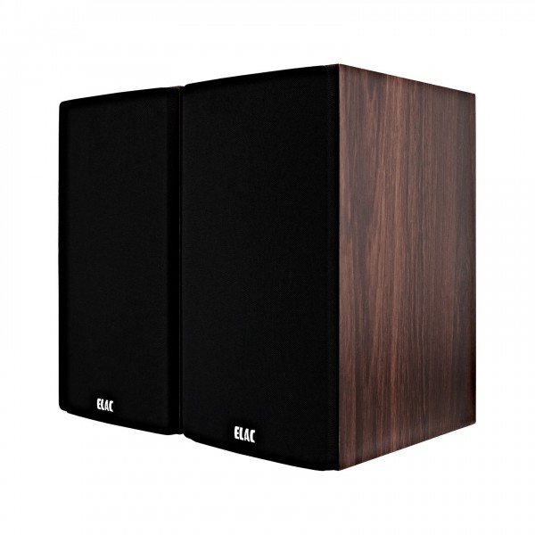 ELAC Debut B5.2 Bookshelf Speaker (Pair), Walnut Vinyl - angled with grille
