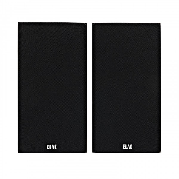 ELAC Debut B5.2 Bookshelf Speaker (Pair), Walnut Vinyl - front with grilles