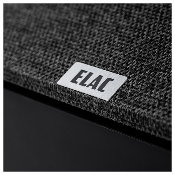ELAC Debut 3.0 A4.3 Atmos Speaker, Black Detail Image of logo on magnetic grille