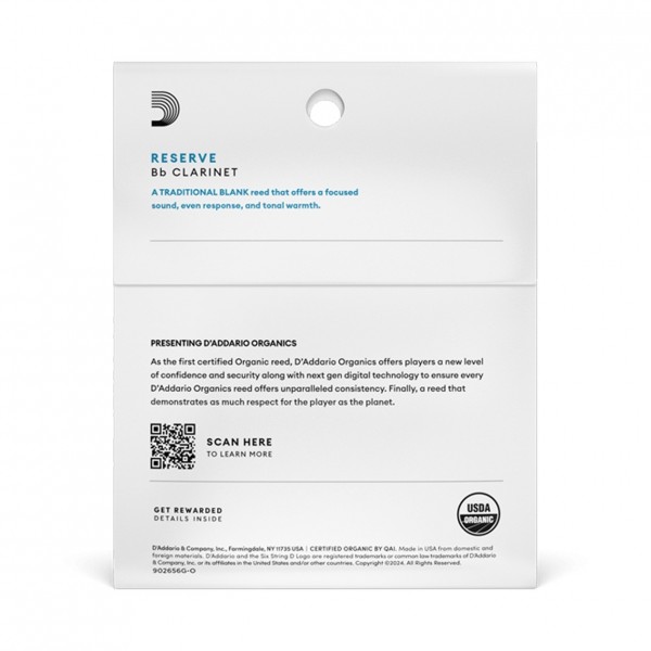 D'Addario Organic Reserve Evolution Bb Clarinet Reeds, 2.0 (3 Pack)- back
