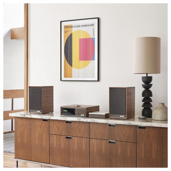 Ruark R-CD100 USB CD Player - Lifestyle image with Ruark R610 Music Console and Sabre-R Bookshelf Speakers