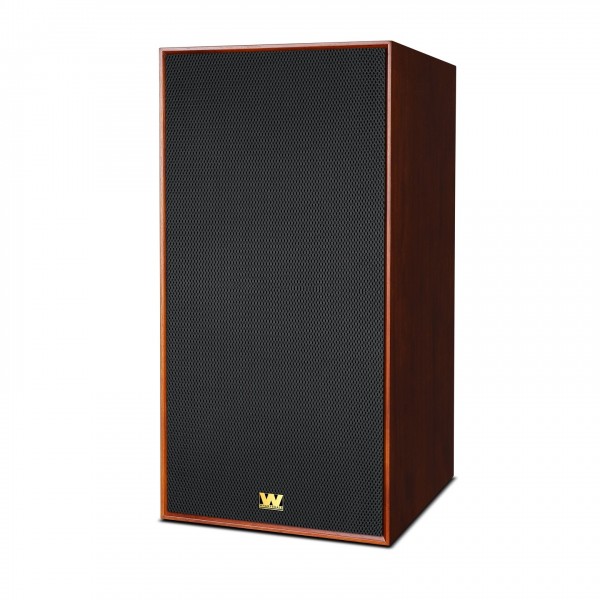 Wharfedale Super Linton Heritage Speaker, Mahogany Red - Tilted with grille attached