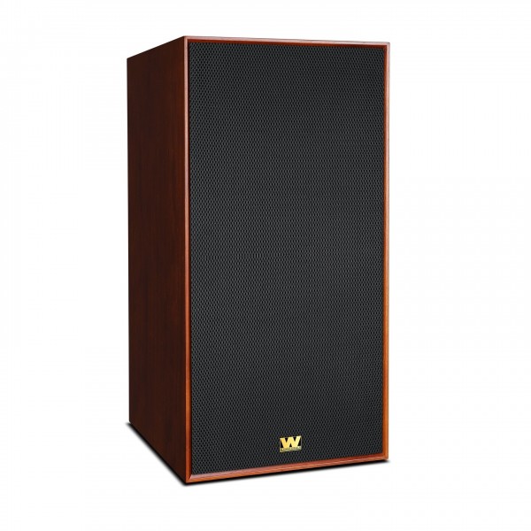Wharfedale Super Linton Heritage Speaker, Mahogany Red - Tilted with grille attached