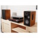 Majority D100 Bookshelf Speakers (Pair), Wood - Lifestyle image, hi-fi setup with Majority Moto Turntable