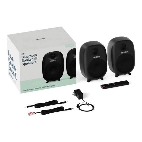Majority D80 Bookshelf Speakers (Pair), Black - Packaging and connections