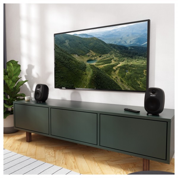 Majority D80 Bookshelf Speakers (Pair), Black - Lifestyle image, TV setup