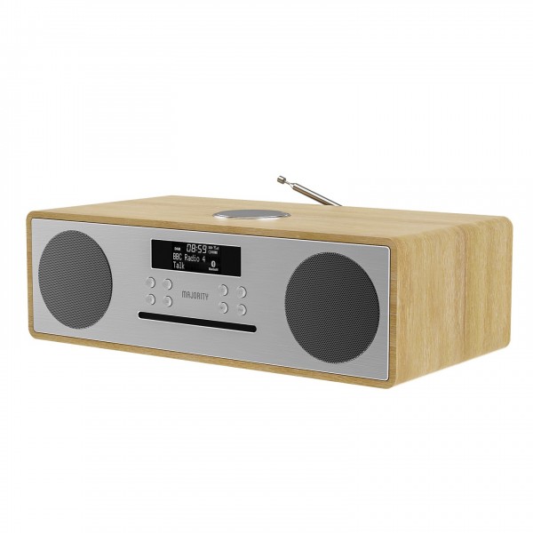 Majority Oakington DAB Radio CD Player and Music System, Oak - front turn 