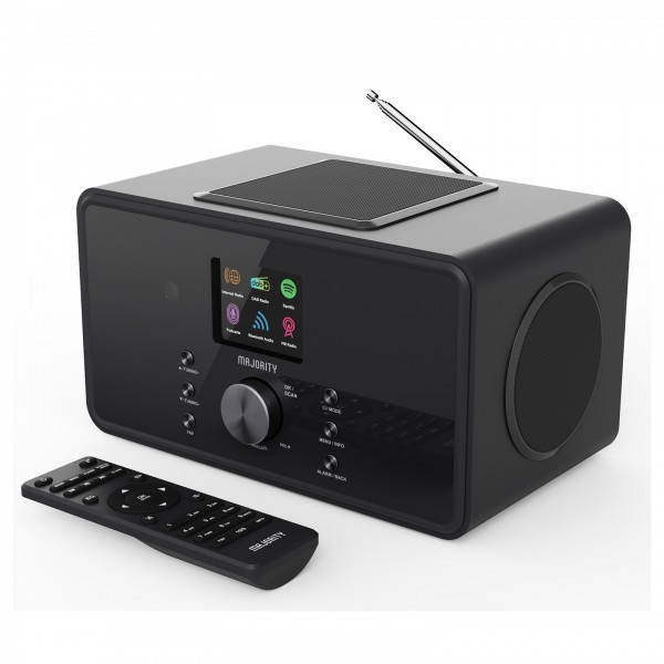 Majority Bard DAB Internet Radio with Bluetooth, Black - main with remote and antannae 