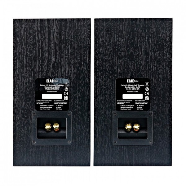 ELAC Debut B5.2 Bookshelf Speaker (Pair), Black Ash - Rear View and cable terminals