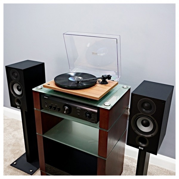 ELAC Debut B5.2 Bookshelf Speaker (Pair), Black Ash - Lifestyle image, hi-fi system