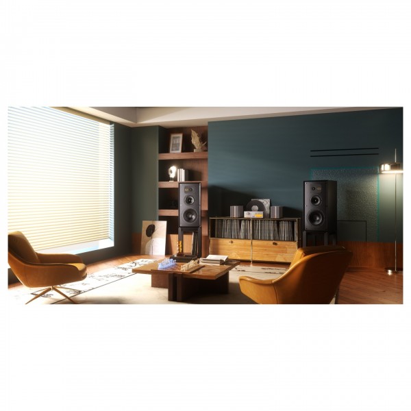Wharfedale Super Linton Heritage Speakers and Matching Stands - Lifestyle image, living room setup