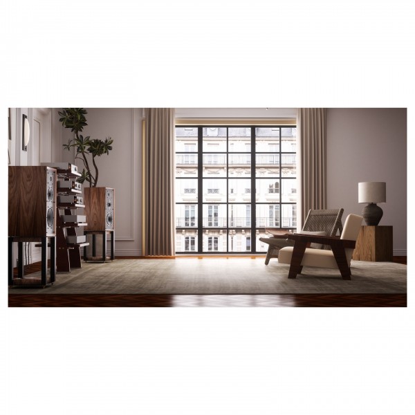 Wharfedale Super Linton Heritage Speakers and Matching Stands, Walnut - Lifestyle image, large listening room setup
