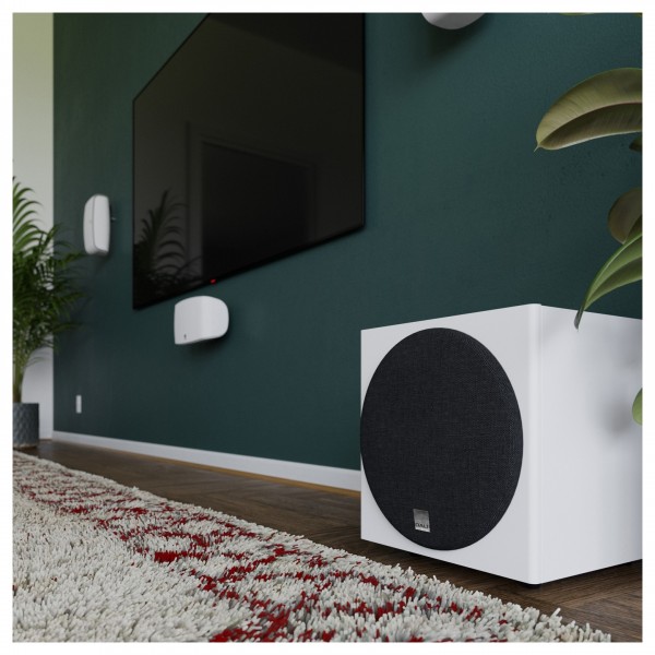DALI E-9F Subwoofer, Satin White - Lifestyle view with black grille up-close