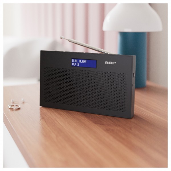 Majority Histon 2 DAB Portable Radio, Charcoal - wooden table 