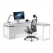 BDI Centro 6401 Desk, Satin White on Oak / Grey Glass - With 6402 Return, 6417 Cabinet, and Voca 3501 Chair