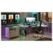 BDI Centro 6401 Desk, Satin White on Oak / Grey Glass - Lifestyle view with Star Wars and gaming setup