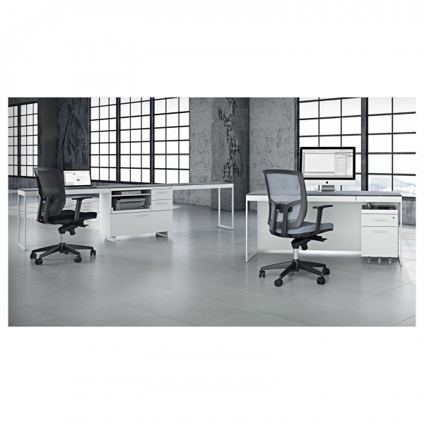 BDI Centro 6401 Desk, Satin White on Oak / Grey Glass - Lifestyle view in open plan office