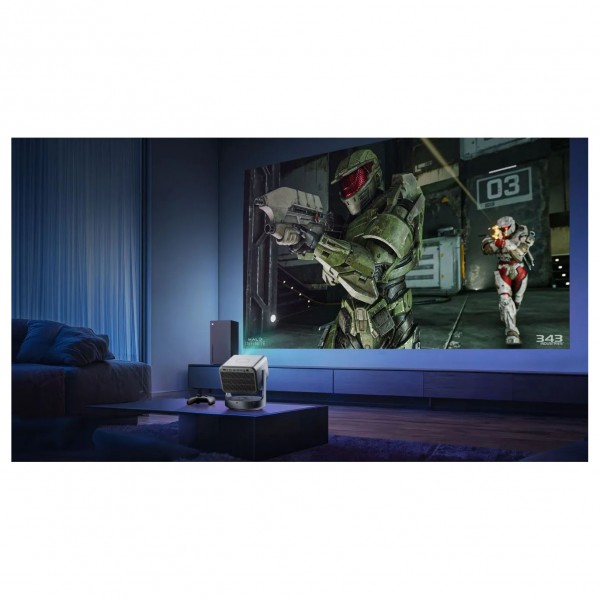 Hisense C2TUK Ultra 4k Trichroma Smart Mini Projector, Gun Metal Grey - Lifestyle image, gaming setup Halo projector for XBOX