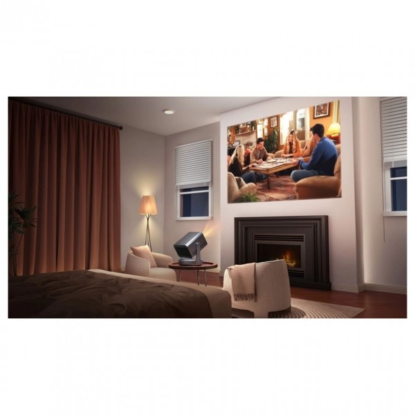 Hisense C2TUK Ultra 4k Trichroma Smart Mini Projector, Gun Metal Grey - Lifestyle image, living room setup