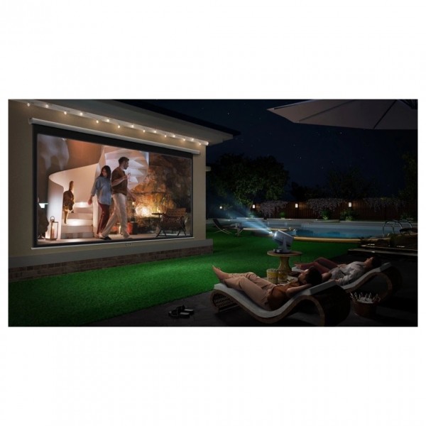 Hisense C2TUK Ultra 4k Trichroma Smart Mini Projector, Gun Metal Grey - Lifestyle image, garden setup