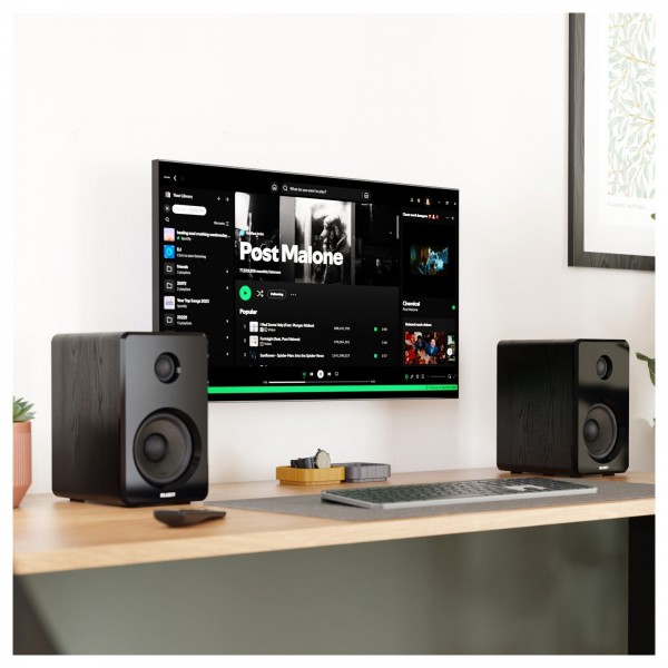 Majority D40 Bookshelf Speakers (Pair), Black - Lifestyle image, PC desktop setup