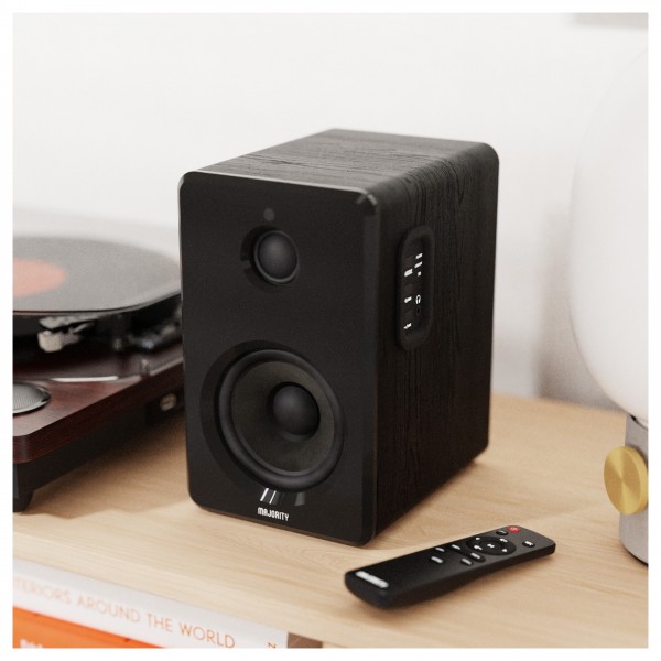 Majority D40 Bookshelf Speakers (Pair), Black - Lifestyle image, turntable and remote 