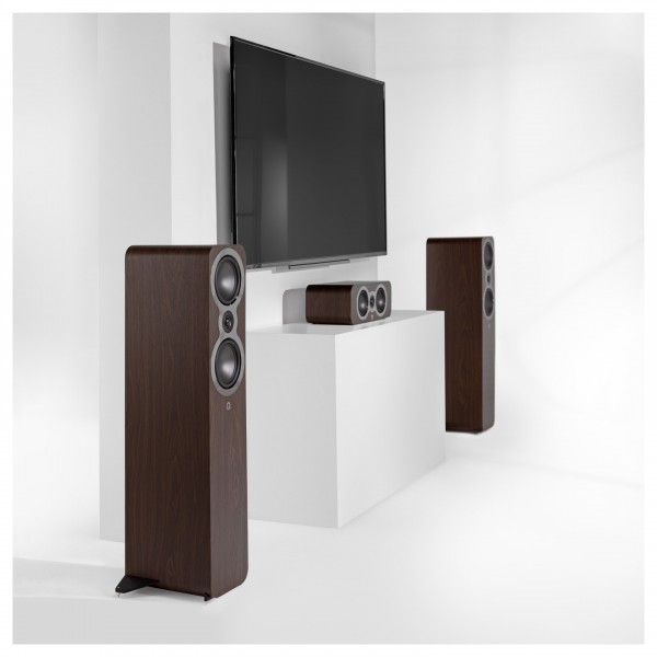 Q Acoustics 3050c Floorstanding Speakers (Pair), Claro Walnut - Lifestyle Image, with TV, no grilles, and 3090c Centre Speaker