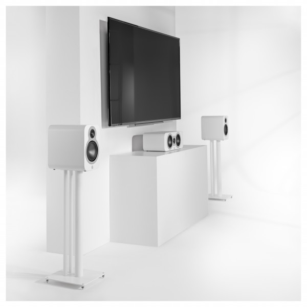 Q Acoustics 3020c Bookshelf Speakers (Pair), Satin White - with TV, no grille, and 3090c Centre Speaker