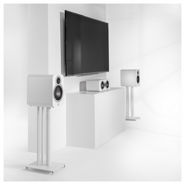 Q Acoustics 3030c Bookshelf Speakers (Pair), Satin White - Lifestyle image, with TV, no grille, and 3090c Centre Speaker