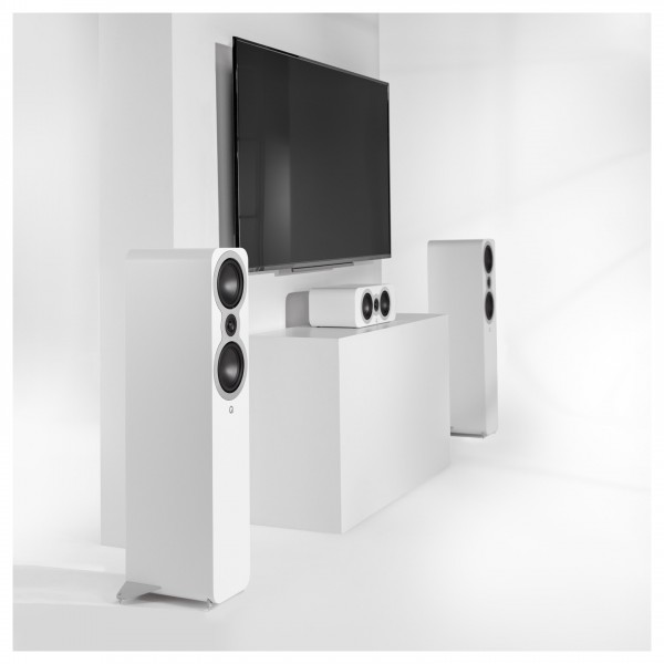 Q Acoustics 3090c Centre Speaker, Satin White - Lifestyle Image, with TV, no grille, and 3050c Floorstanding Speakers