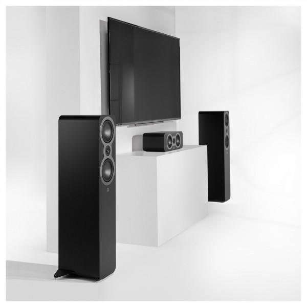 Q Acoustics 3090c Centre Speaker, Satin Black - Lifestyle Image, with TV, no grille, and 3050c Floorstanding Speakers