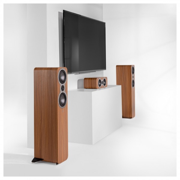 Q Acoustics 3090c Centre Speaker, Pin Oak - Lifestyle Image, with TV, no grille, and 3050c Floorstanding Speakers