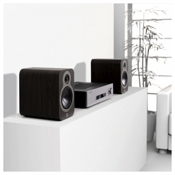 Q Acoustics 3010c Bookshelf Speakers (Pair), Claro Walnut - Lifestyle Image, Stereo Hi-Fi System
