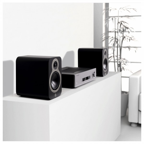 Q Acoustics 3010c Bookshelf Speakers (Pair), Satin Black - Lifestyle Image, Stereo Hi-Fi System