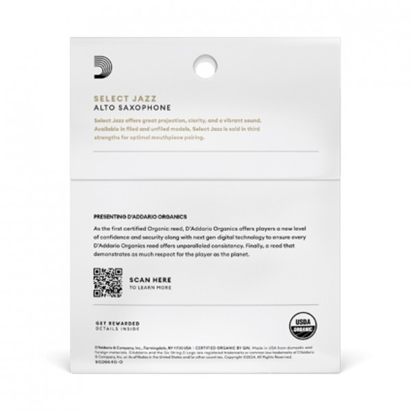 D'Addario Organic Select Jazz Filed, Alto Saxophone Reeds, 2H (3 Pack) -  Back