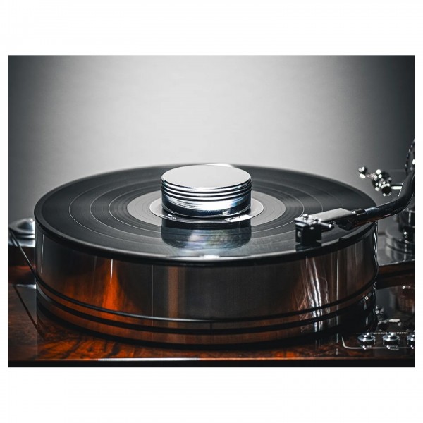 Pro-Ject Record Puck RS, Chrome - Lifestyle Image on Pro-Ject Signature 10 Turntable