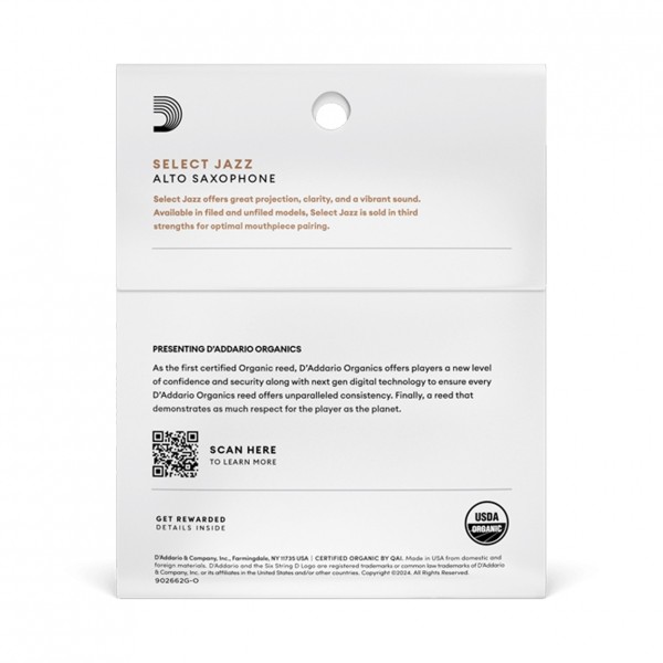 D'Addario Organic Select Jazz Unfiled, Alto Saxophone Reeds, 2H (3 Pack)