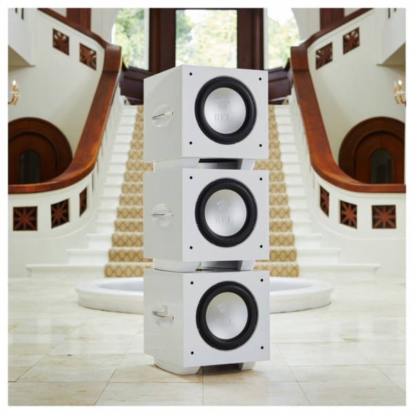 REL S/812 Subwoofer, White - lifestyle stacked