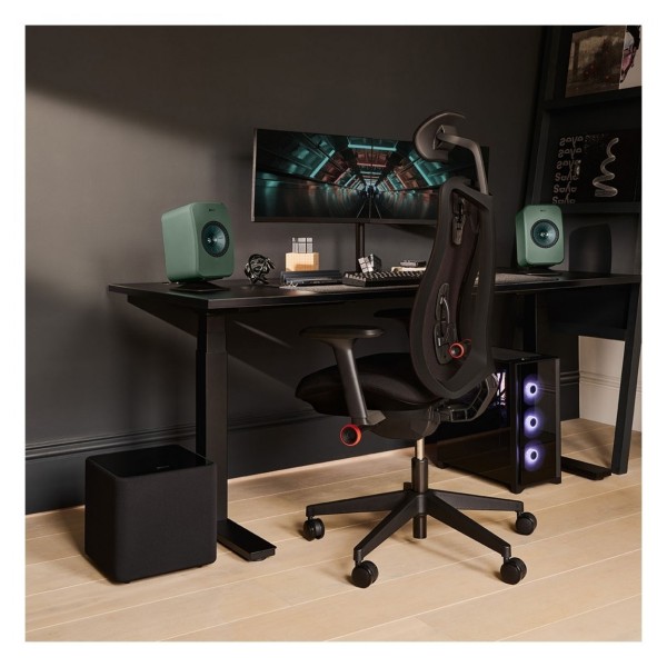 KEF LSX II LT Wireless Hi-Fi Speaker System (Pair), Sage Green lifestyle with Kube MIE Subwoofer