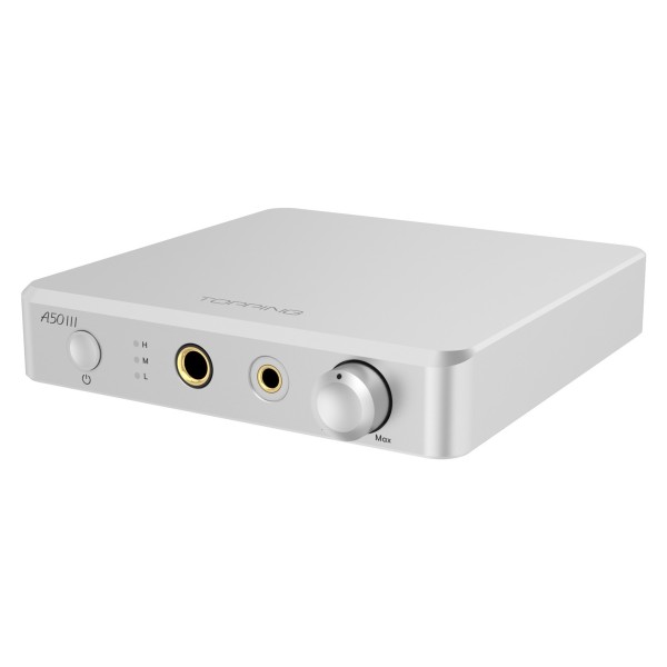Topping A Series A50 III Desktop Headphone Amplifier, Silver - Angled, detailing the volume knob