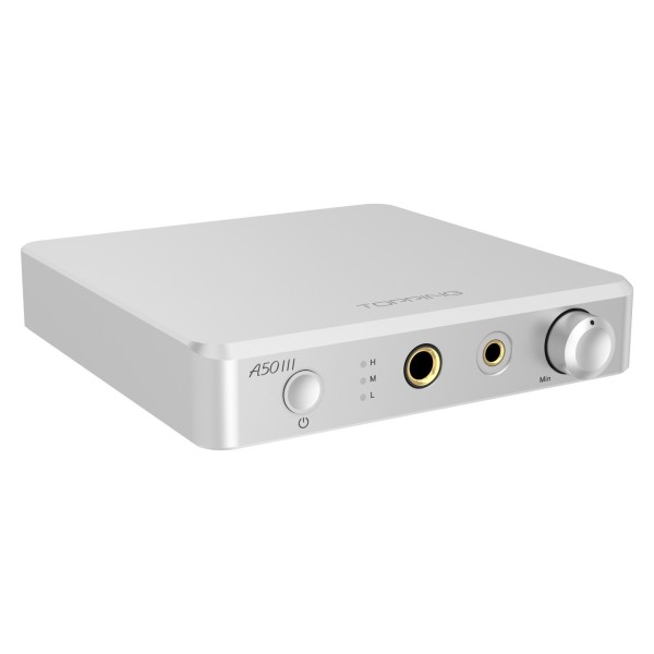 Topping A Series A50 III Desktop Headphone Amplifier, Silver - Angled, detailing the power and gain switch button