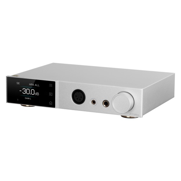 Topping A Series A70 Pro Desktop Headphone Amplifier, Silver - Angled, detailing volume knob and headphone connections