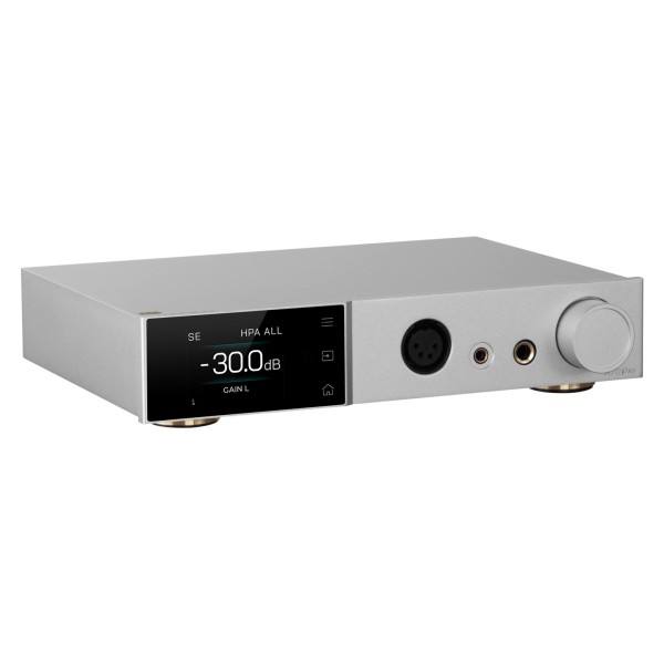Topping A Series A70 Pro Desktop Headphone Amplifier, Silver - Angled, detailing screen